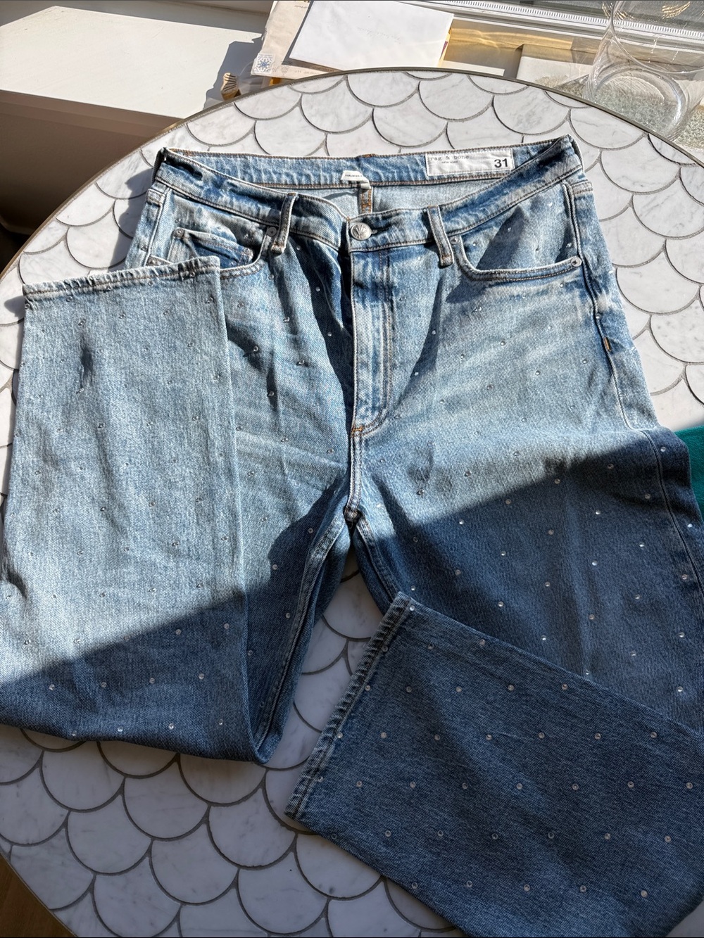 rag & bone Light Blue Straight Leg Jeans with Subtle Dot Details
